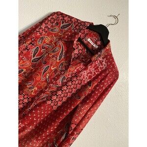 Allison Daley M Petite Red Boho Blouse Collared Long Sleeve Tie Paisley AOP F16